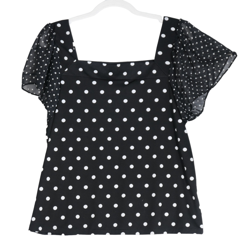 Always Indigo Blouse Womens L Polka Dot Black White Sheer Sleeves Square Neck